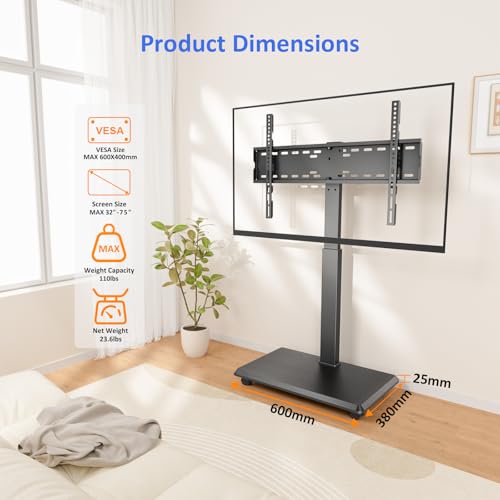 Afaloona Rolling TV Stand, Portable Mobile TV Stand for 32-75 Inch TVs up to 110 lbs, 18 Adjustable Heights, Max VESA 600x400mm, Rolling TV Cart on Wheels with Mount for Bedroom, Office, Outdoor - style: GM-A02