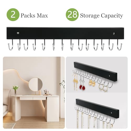 Necklace Holder Wall Mounted Jewelry Organizer - 2 Pack Wooden with 28 Hooks, Hanging Earring & Ring Bracelet Storage, Decorative Space-Saving Jewelry Display (Black) - color: Black