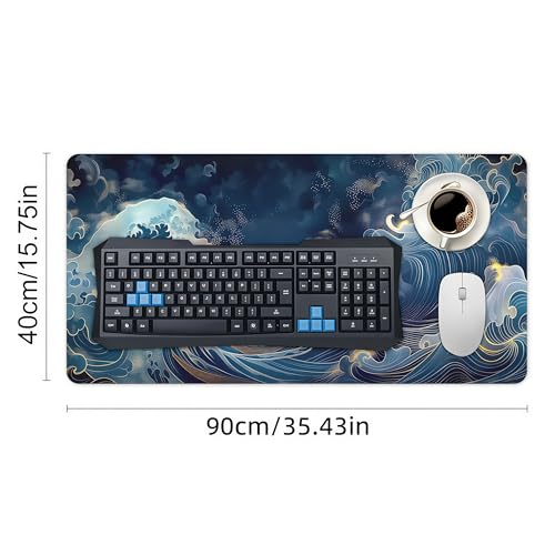 XXL Japanese Wave Gaming Mouse Pad, Extended Keyboard Mat, Blue Ocean Design with Golden Accent, Smooth Surface, Large Desk Mat for PC - color: Japanese wave