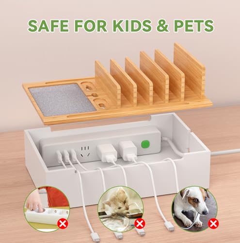 Pezin & Hulin Bamboo Charging Station, Electronic Devices Organizer for Multiple Devices Charger Such As Cell Phone, Tablet, Watch and More, Natural+White, (No USB Charger and Cables - color: Natural+White, size: Dock (No Charger&Cables)