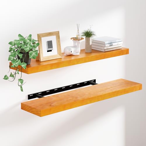 Heimlove Pine Wood Floating Shelves, 8 Inch Deep Real Wood Shelves Set of 2, Wall Mounted Rustic Wood 36x8 Floating Shelf with Invisible Brackets for Bedroom Kitchen Living Room - Honey Oak - color: Honey Oak, size: 36”Wx8”Dx1.6”H
