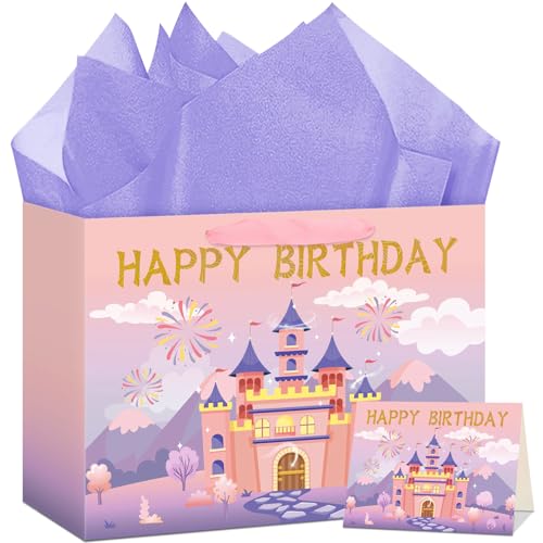 Hooqict Large Princess Gift Bag Birthday Gift Wrap Bag with Ribbon Handles, Tissue Paper, Greeting Card for Kids Girls Women Castle Princess Birthday Party Decorations Favor (Pink and Purple) - color: Princess