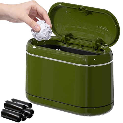 PAVSTINE Mini Trash Can for Desk with 5 Rolls Trash Bags, Green Full-Lid | One-Hand Press-Top Opening, Space-Saving Small Vintage Garbage Bin for Desk & Countertop, Fits Bedroom, Vanity & Kitchen - color: Green Full-Lid