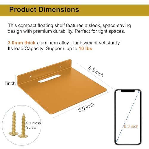 Small Floating Shelf –3mm Thick, 6.5 inch, Wall Shelf, Metal Floating Shelves for Echo, Cameras, Small Speaker, Wall Shelves for Bathroom, Living Room, Bedroom (Gold 1pcs) - color: Gold 1pcs