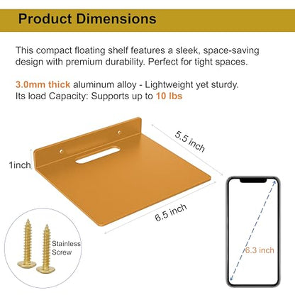 Small Floating Shelf –3mm Thick, 6.5 inch, Wall Shelf, Metal Floating Shelves for Echo, Cameras, Small Speaker, Wall Shelves for Bathroom, Living Room, Bedroom (Gold 1pcs) - color: Gold 1pcs