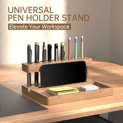 Wooden Holder for Office Desk, Solid Wood Pen Display Stand With 9 Slots and Cell Phone Holder, Aesthetic Pen Organizer for Minimalist Office Desk Decor (Tray+Black) - color: Tray+Black