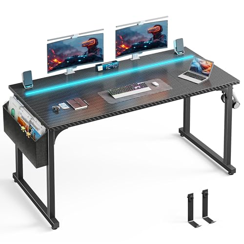 DurayLoly 55” Carbon Fiber Gaming Desk, IP65 RGB LED Computer Desk with Side Storage Bag & Headphone Hook, Sturdy Metal Frame Space Saving Home Office Desk for Teens Bedroom Dorm Study Gaming Room - color: Black, size: 55 Inch