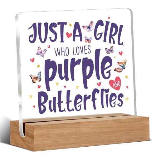 Purple Butterfly Gifts for Women Butterfly Lovers, Birthday Gifts for Friends Coworker, Just A Girl Who Loves Purple Butterflies Acrylic Plaque Desk Signs Decor 4 × 4 Inches - color: JUST