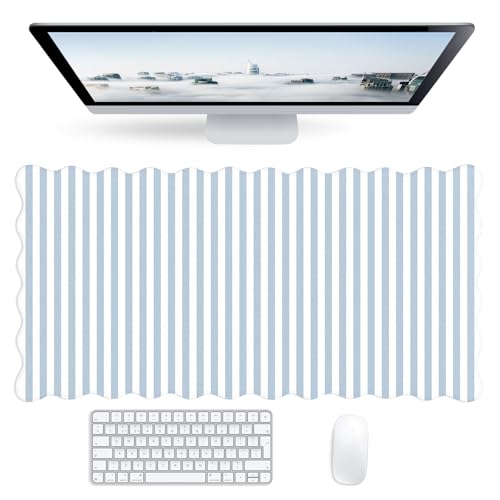 Striped Scalloped Mouse Pad,Cute Kawaii Blue Stripes Large Desk Mat Non-Slip Rubber Base,Aesthetic Decor Gaming Computer Desk Pad for Office Laptop Mouse Keyboard Pad, XL 31.5" x 15.7" - color: Light Blue