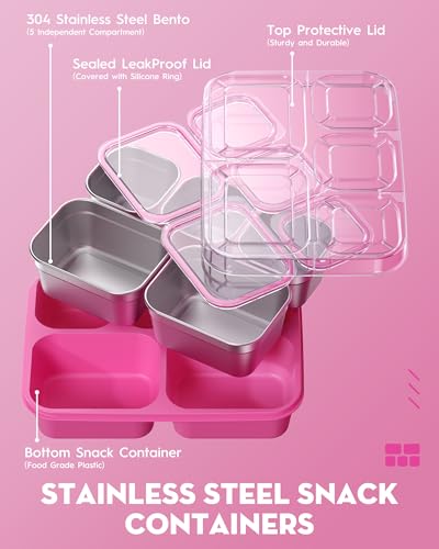 BiuLeon Snackle Box Containers, Stainless Steel 5 Compartments Divided Serving Tray with Lid, Removable LeakProof Portable Bento Box for Fruit Candy Nuts Food - School, Picnic and Travel（Pink） - color: Pink
