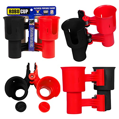 ROBOCUP, (Red & Black), Patented Clamp On Boat Cup Holder | Multifunction Dual Drink Caddy for Fishing Poles, Tools, Net, Gaff | Portable Storage for Boating, Beach, Umbrellas, Golf Carts, Strollers - color: Black & Red, size: Standard Spring