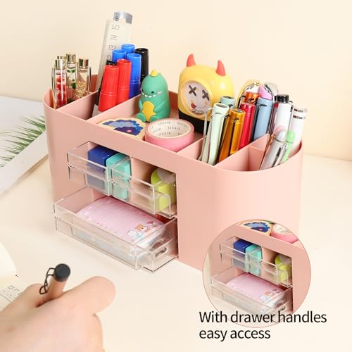 INSTOME Pencil Pen Holder for Desk with 3 Drawers - All-In-One Desk Organizer - Perfect Desk Accessories for Office Use - Stylish & Convenient Desk Organizers and Accessories (Pink) - color: Pink