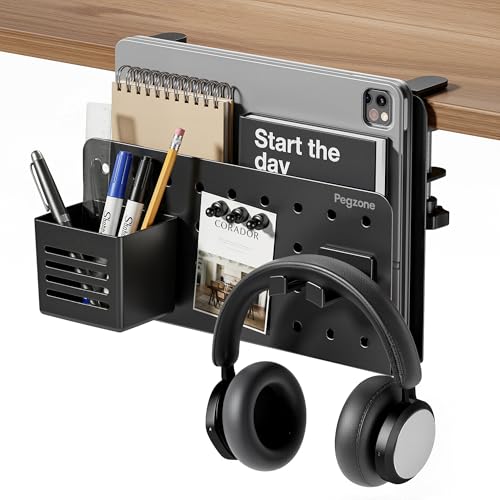 Under Desk Storage Organizer, Laptop Holder Stand with Pegboard Design, Holds 22lbs, Clamp on Desk Organizer, Fits 0.4"-2.2" Desktop Edge, Black - color: Black