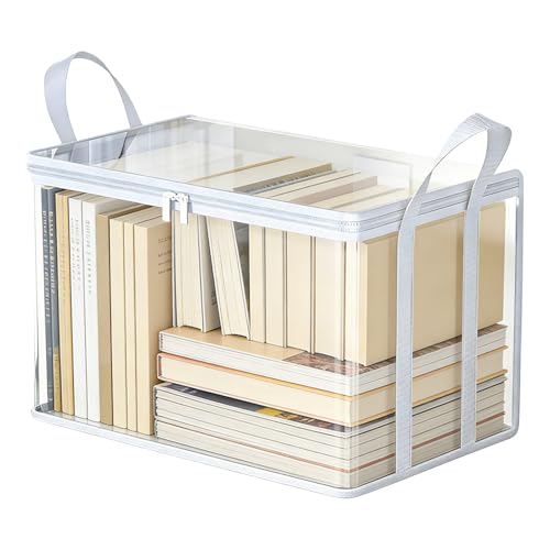 Clear Book Storage Bag with Reinforced Handles - Heavy Duty Plastic Comic Book Organizer & DVD Storage Bin - Collapsible Media Tote with Zipper Lid for Books, Journals and Albums - 15" x 9.5" x 12.5" - color: White, size: 1-Pack