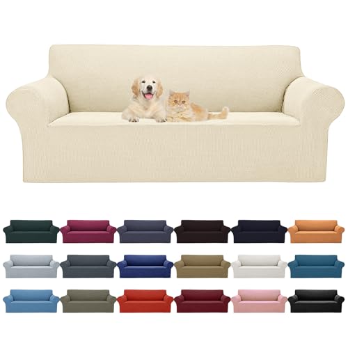 Cupuamon 2026 New Stretch Sofa Slipcovers Couch Cover for 3 Cushion Furniture Protector Sofa Covers with Elastic Bottom Jacquard Fabric Small Checks for Pets, Kids -Sofa, Beige - color: Beige, size: Sofa