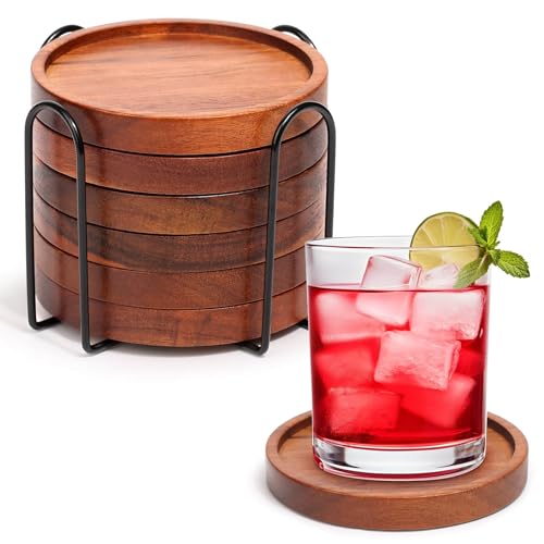 Mckanti Wooden Coasters Set of 6 with Holder, Acacia Wood Drink Coasters for Farmhouse, Patio, Bar Decoration - style: Set of 6