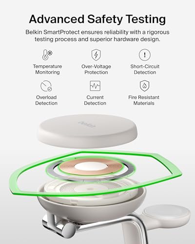 Belkin MagSafe Charger Compatible, 3-in-1 Charging Station, Qi2.2 25W w/Cooling Fan (On/Off Control) Magnetic Wireless Charger for iPhone 17, Apple Watch, AirPods, Pixel 10 (45W Adapter Included) - color: Sand, style: 3 in 1