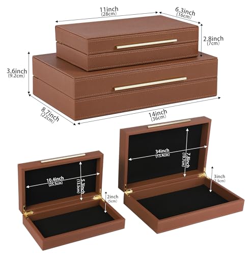 HofferRuffer Faux Leather Decorative Boxes Set of 2, Large Nesting Keepsake Box Accessory Organizer Jewelry Organizer with Hinged Lid, Stacking Storage Box Container for Home or Office (Brown) - color: Brown
