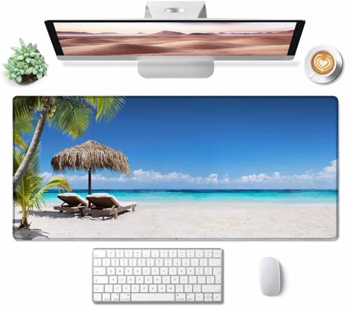 Gaming Mouse Pad, XXL Extended Computer Keyboard Long Mouse Mat, Large Desk Pad for Office Laptop, Non-Slip Rubber Base with Stitched Edge Mousepad, 35.4X15.7 inch Tropical Palm Sea and Beach - color: Tropical Palm Sea and Beach, size: 35.4" x 15.7"