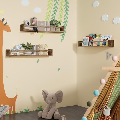 Fixwal Nursery Book Shelves for Kids Rooms, 23.6 Inch Floating Bookshelves for Wall Set of 3, Baby Nursery Decor, Solid Wood Wall Mounted Shelves for Books (Brown) - color: Brown, size: 23.6inches