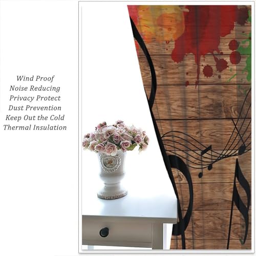 Music Notes Curtain, Funny Disco Retro Wood Board Graffiti Window Treatments Drapes for Bedroom Living Room Bathroom 42" W X 45" L(No Blackout) - color: Musical-6, size: 20.5"W x 45"L (Pack of 2)