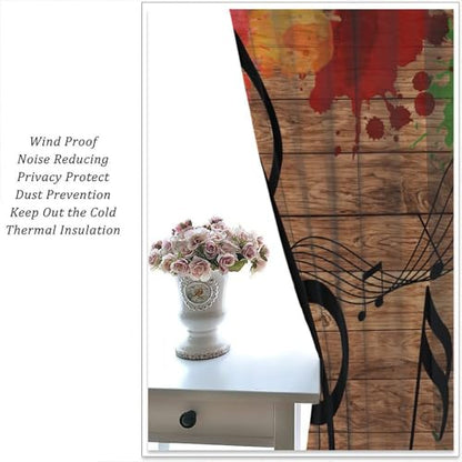 Music Notes Curtain, Funny Disco Retro Wood Board Graffiti Window Treatments Drapes for Bedroom Living Room Bathroom 42" W X 45" L(No Blackout) - color: Musical-6, size: 20.5"W x 45"L (Pack of 2)