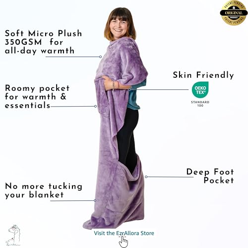 EzrAllora Fleece Lightweight Foot Pocket Blanket - Plush Throw Mom and Grandma - Girl Gamer Gifts - Patent Pending (Fleece, Velvet Lavender) - color: Velvet Lavender
