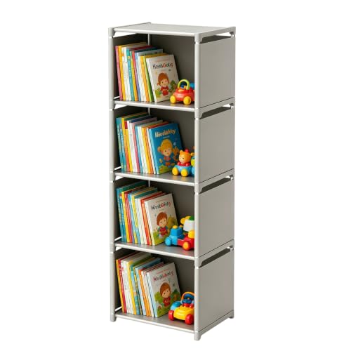 RIIPOO Book Shelf, 4-Cube Storage Organizer, Metal & Fabric Bookcase for Small Spaces, Bedroom, Living Room - style: 4-Cube