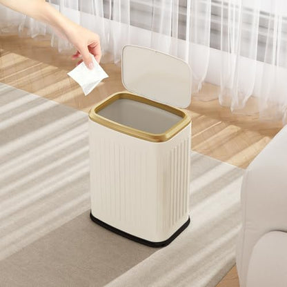 TIPGO Bathroom Trash Can with Lid, 2.1 Gallon / 8 Liter Small Garbage Can, Press Top Bin, Stainless Steel Wastebasket with Pop-Up Lid for Bedroom, Living Room, Office (Cream) - color: Cream