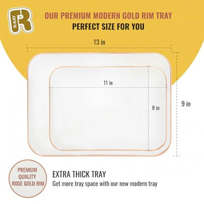 3 Pack Rose Gold Plastic Serving Trays for Party - Rose Gold Serving Tray 8 x 11 Inch - Heavy Duty Dessert Trays for Food - Rectangular Party Serving Trays for Entertaining - color: White and Rose Gold Rim