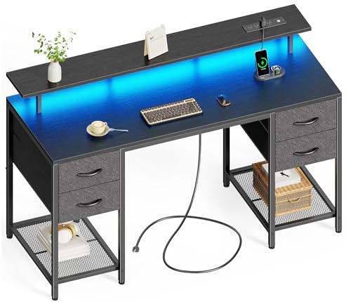 Huuger 55 inch Computer Desk with 4 Drawers, Gaming Desk with LED Lights & Power Outlets, Home Office Desk with Large Storage Space for Bedroom, Work from Home, Black - color: Black, size: 55 Inch