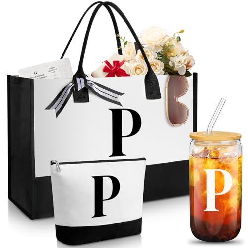 Aliceset Initial Gifts for Women Monogram Canvas Tote Bag and Makeup with Zipper and Initial Glass Coffee Cup Gifts for Her - style: Letter P
