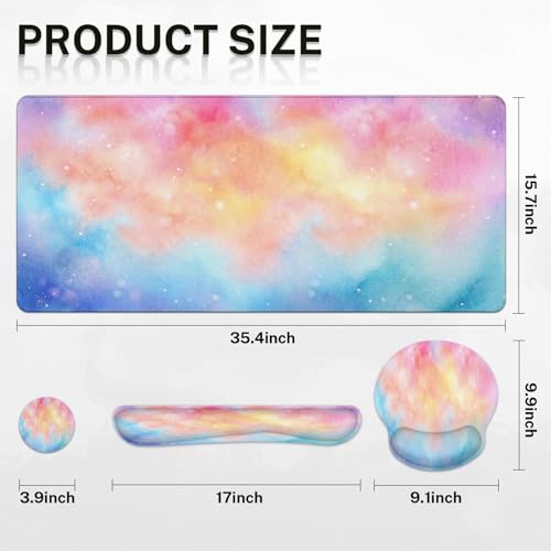 Arttown Iridescent Cloud Desk Mat Cute Mouse Pad Set 4 in 1 Colorful Starry Sky Ergonomic Design Large Desk Pad + Keyboard Wrist Rest + Mouse Wrist Rest + Coaster Suitable for Home Office Study Game - color: Iridescent Cloud