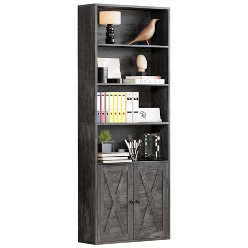 IRONCK Industrial Bookshelves and Bookcases with Doors Floor Standing 6 Shelf Display Storage Shelves 70 in Tall Bookcase for Home Office, Living Room - color: Charcoal Grey