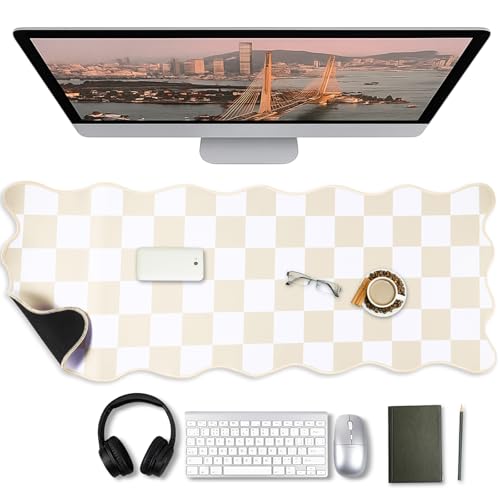 Copkim 1 Pcs Beige Scalloped Checkered Desk Mat 31.5 x 11.8 Inch Large Cute Mouse Pad Computer Mat Non Slip Waterproof Rubber Base with Border Stitching Soft Keyboard Pad for Home Office Gaming Makeup - color: Beige, style: Checkered