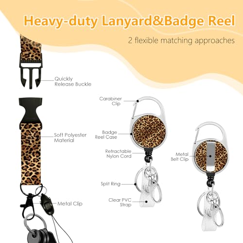 Leopard Badge Holder with Lanyard, Funny ID Badge Holder with Retractable Reel Clip and Keychain for Leopard Lovers, Vertical Identity Card Cover Case Protector for Nurse Teacher - color: Leopard-brown