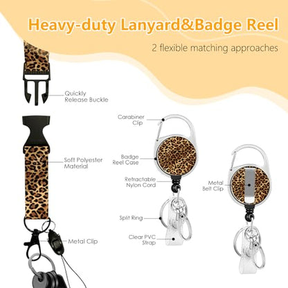 Leopard Badge Holder with Lanyard, Funny ID Badge Holder with Retractable Reel Clip and Keychain for Leopard Lovers, Vertical Identity Card Cover Case Protector for Nurse Teacher - color: Leopard-brown