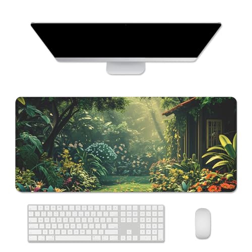 Garden Mouse Pad Desk Mat Large Gaming Mouse Pad Green (27.5X11.8 in) | Desk Cover Mat Desktop Mat,Big Mousepad with Stitched Edge Non-Slip Rubber Base for Work Study Game - color: green&garden