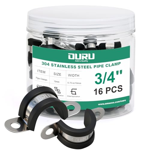 OURU 16pcs 3/4 Inch Pipe Clamp 304 Stainless Steel, Heavy Duty Rubber Cushioned Insulated Pipe Strap, U Bracket Clamp Conduit Clamp for Automotive, Wire & Tube - size: 3/4"