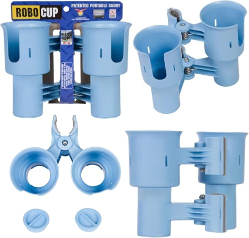 ROBOCUP, (Light Blue), Patented Clamp On Boat Cup Holder |Multifunction Dual Drink Caddy for Fishing Poles, Tools, Net, Gaff |Portable Storage for Boating, Beach, Umbrellas, Golf Carts, Strollers - color: Light Blue, size: Standard Spring