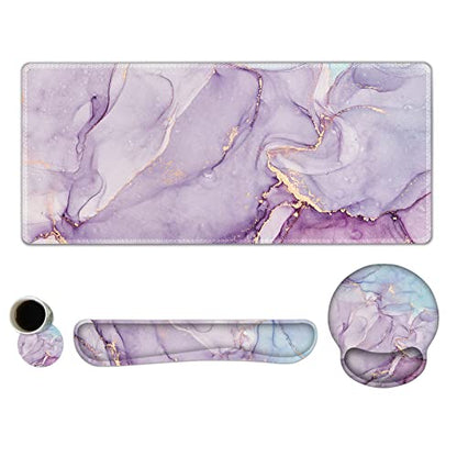 ARTSO Large Mouse Pad Ergonomic Keyboard Wrist Rest Support Set, Memory Foam Gel Wrist Pad, Extended Desk Mat Protector, Non-Slip Desk Blotter, Purple Blue Marble - color: Purple Blue Marble