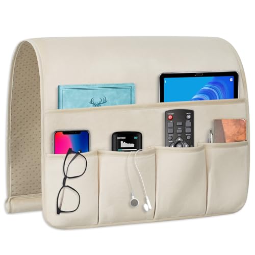 Remote Control Holder for Armchair，Couch Caddy Organizer TV Remote Holder for Bed Storage 5 Pockets，Remote Caddy Bedside Organizer Bedside Table Organizer (Beige, 35''x18'') - color: Beige, size: 35"x18"