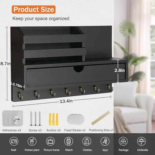dreampossible Key and Mail Holder for Wall, Mail Organizer Wall Mount with 6 Hooks and Storage Drawer, Wooden Key Rack Hanger with Shelf for Entryway and Home Decor - color: Black, size: Large(13.4''x8.7'')