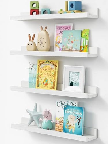Forbena Floating Nursery Book Shelves for Wall, 24 Inches Long Wall Bookshelf for Kids Room, White Picture Ledge Shelf with Lip for Kid Toddler Child Childrens Bedroom Books (Solid Wood, Set of 4) - color: White, size: 23.1 Inch