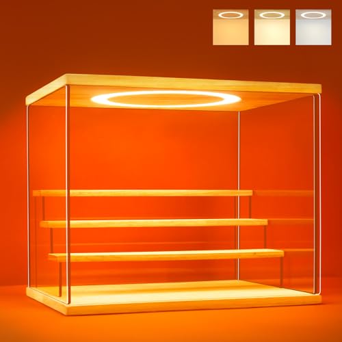Acrylic Display Case with Adjustable LED Light, 4 Tier Clear Display Box Dustproof Showcase for Action Figures, Collectibles and Mini Toys, Assembly Display Cabinet(Wood 12.5×9.5×10.4in) - color: Wood, size: 4 Tier 12.5×9.5×10.5in