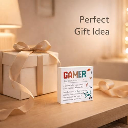 Gamer Gifts for Men Women, Gamer Definition Wooden Box Sign for Home Gaming Room Internet Cafe Decor 5x5 Inch