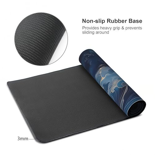 XXL Japanese Wave Gaming Mouse Pad, Extended Keyboard Mat, Blue Ocean Design with Golden Accent, Smooth Surface, Large Desk Mat for PC - color: Japanese wave