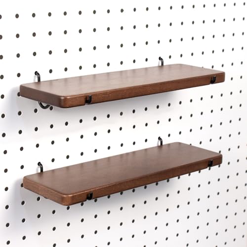 2 Pcs Walnut Finish Wooden Pegboard Shelf for 1/4" Metal Pegboard | Hardwood, High Balance No Tilt, Natural texture, Pegboard Accessories for Craft Room Home Garage Workbench