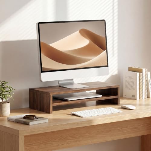FITUEYES Monitor Stand - 2 Tier Computer Monitor Riser with 21.3 Inch Shelf, Wood Desktop Stand for Laptop Computer Screen, Desk Organization, Office Supplies - color: Brown, size: 21.3“