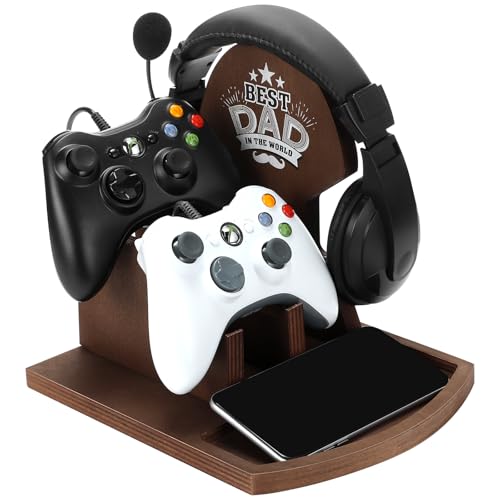 Blosssound Gamer Gifts for New Dad Wood Headphone Stand Wooden Controller and Headset Stand Gifts for Gamer Dad Father Birthday Gift Gaming Desk Accessories for Fathers Day Birthday Anniversary